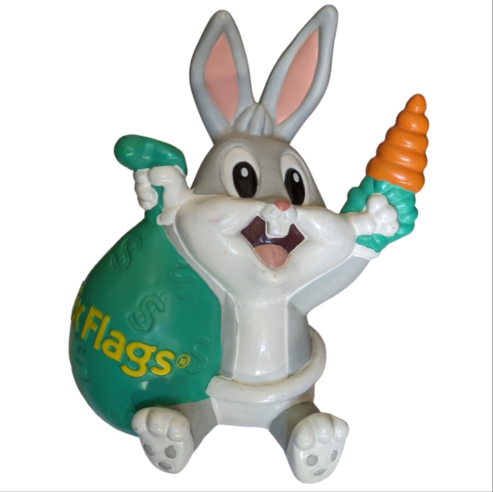 1996 Baby Bugs Bunny with Carrot and Six Flags Money Bag Piggy Bank with Stopper